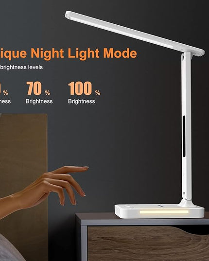 poukaran Desk Lamp, LED Desk Lamp with Wireless Charger, USB Charging Port, Table Lamp with Night Light, Desk Lights with Clock, Alarm, Date and Temperature, White - LeafyLoom