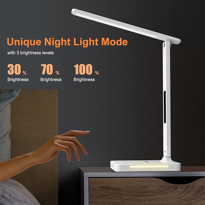 poukaran Desk Lamp, LED Desk Lamp with Wireless Charger, USB Charging Port, Table Lamp with Night Light, Desk Lights with Clock, Alarm, Date and Temperature, White - LeafyLoom