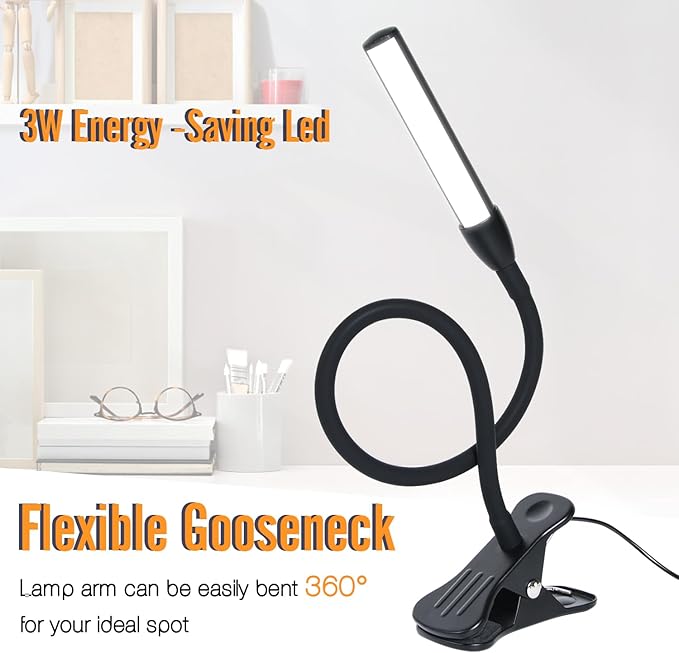 Clip on Reading Light, Clip Light, Warm & Daylight & White Light 3 Colors, Eye-Care Clamp Lamp with 10 Dimmable Illumination Modes - LeafyLoom