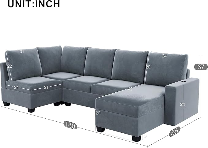 138" Convertible Sofa Velvet U Shaped Couch with Reversible Modular Sectional Sofa&Couch 6 Seater with Chaise Lounge,Freely Combinable Indoor Furniture for Living Room, Apartment, Grey-A - LeafyLoom
