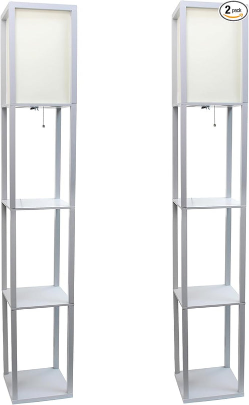 Simple Designs LF1014-GRY-2PK Three Shelf Etagere Organizer Storage Floor Lamp 2 Pack Set with White Linen Shade for Living Room, Bedroom, Office, Hallway, Gray - LeafyLoom