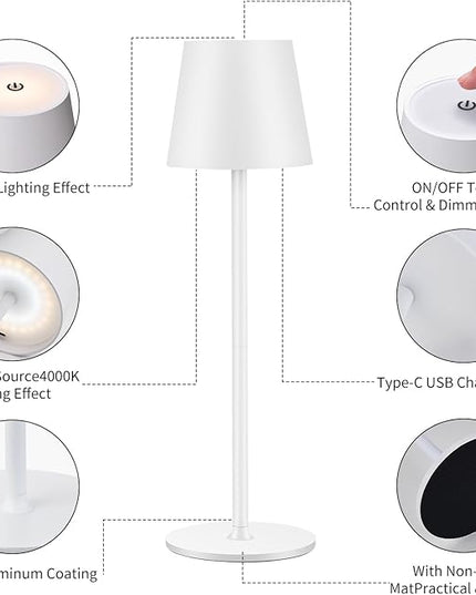 Cordless Table Lamps USB Rechargeable Simplicity Desk Lamp Built-in 4600 mAh Battery LED Battery Operated lamp with Touch Control Table lamp - Bedroom/Desk/Reading/Patio(White) - LeafyLoom