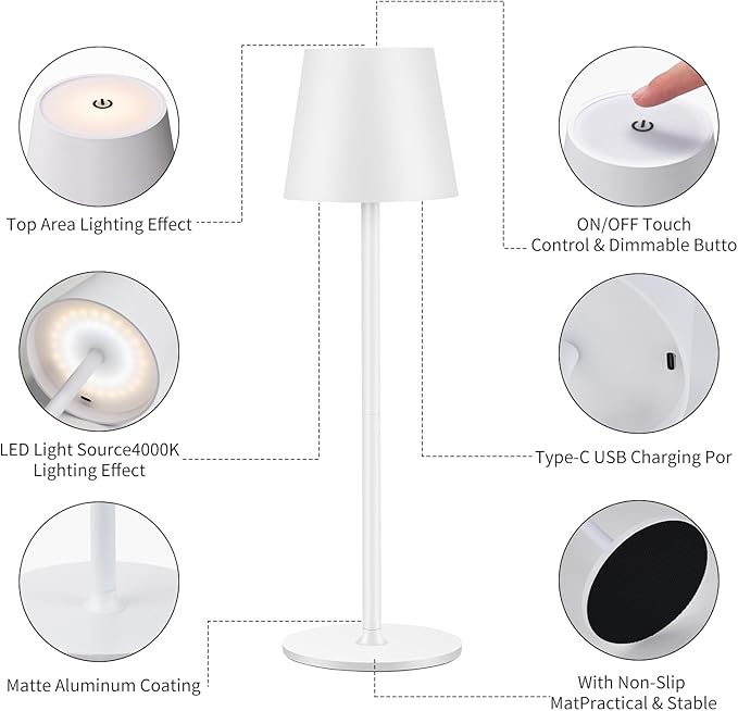 Cordless Table Lamps USB Rechargeable Simplicity Desk Lamp Built-in 4600 mAh Battery LED Battery Operated lamp with Touch Control Table lamp - Bedroom/Desk/Reading/Patio(White) - LeafyLoom