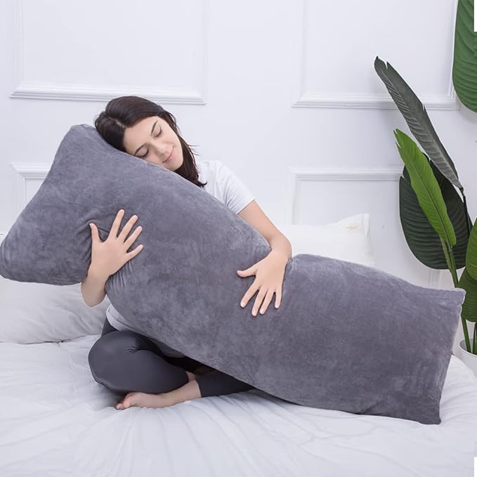 Full Body Pillow for Adults, Long Sleeping, Big Pillows Bed, Firm Large with Velvet Cover, 20x54 Inches (Dark Grey) - LeafyLoom