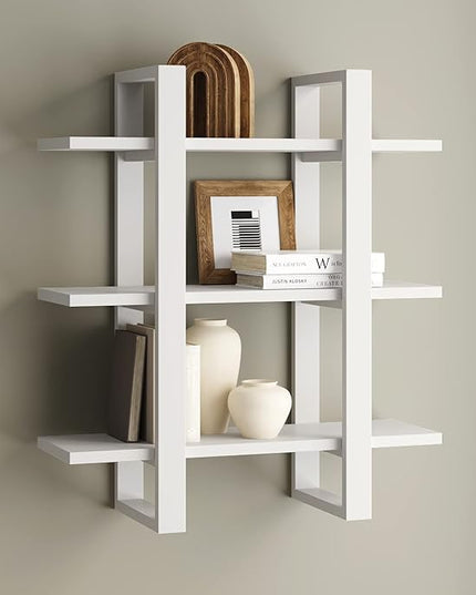 Nathan James Benji Floating Wall Book Shelves, 3-Tier Display Shelf, Decorative Modular Shelf in Solid White Wood for Bedroom, Nursery, Bathroom or Kitchen - LeafyLoom