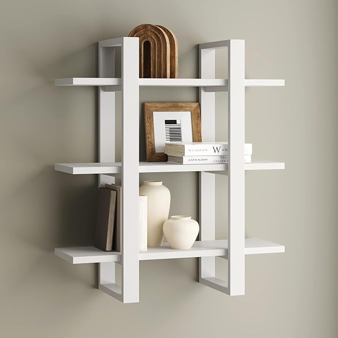 Nathan James Benji Floating Wall Book Shelves, 3-Tier Display Shelf, Decorative Modular Shelf in Solid White Wood for Bedroom, Nursery, Bathroom or Kitchen - LeafyLoom