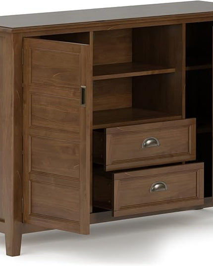 SIMPLIHOME Burlington SOLID WOOD Universal TV Media Stand, 54 inch Wide, Transitional, Living Room Entertainment Center, Storage Shelves and Cabinets, for TVs up to 60 inches in Medium Saddle Brown - LeafyLoom