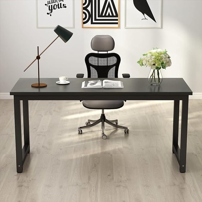 Tribesigns Modern Computer Desk, 63 inch Large Office Desk Computer Table Study Writing Desk Workstation for Home Office, Black Metal Frame - LeafyLoom