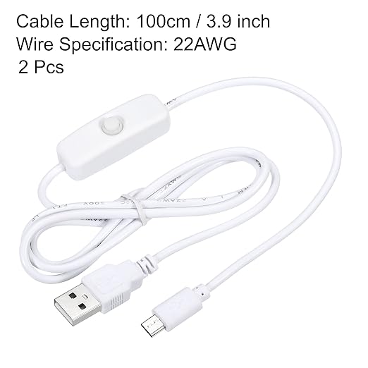 MECCANIXITY USB Cable with 501 ON/Off Switch, USB Male to Micro USB Male Power Cable 100cm for Digital Equipment LED Desk Lamp LED Strip White Pack of 2 - LeafyLoom