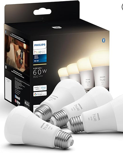 Philips Hue Smart 60W A19 LED Bulb - Soft Warm White Light - 4 Pack - 800LM - E26 - Indoor - Control with Hue App - Works with Alexa, Google Assistant and Apple Homekit PhilipsHue
