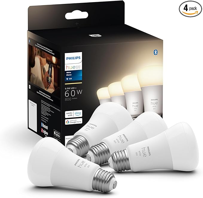 Philips Hue Smart 60W A19 LED Bulb - Soft Warm White Light - 4 Pack - 800LM - E26 - Indoor - Control with Hue App - Works with Alexa, Google Assistant and Apple Homekit PhilipsHue