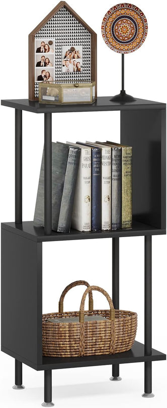 3 Tier Modern Bookshelf, S-Shaped Bookcase,Small Book Shelf for Small Spaces, Unique Bookshelf for Storage Organizer Living Room Bedroom Home Office, Black - LeafyLoom