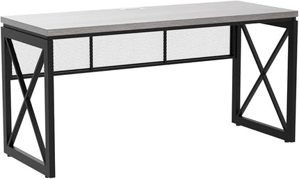 BON AUGURE Industrial Computer Desk, Rustic Wood Desk for Home Office, Sturdy Metal Writing Work Desk (60 Inch, Dark Grey Oak) - LeafyLoom