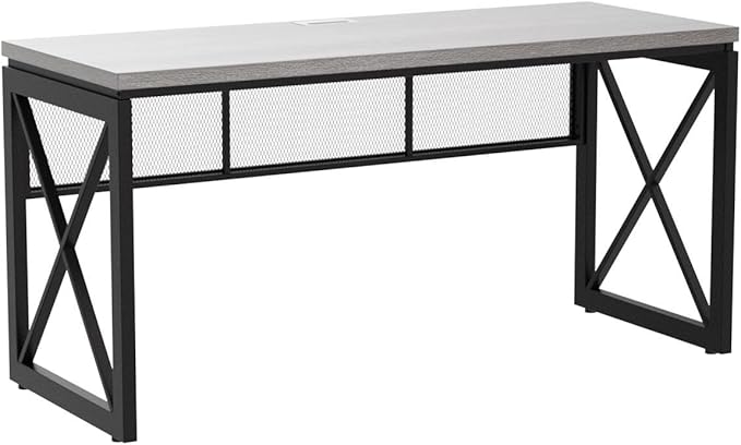 BON AUGURE Industrial Computer Desk, Rustic Wood Desk for Home Office, Sturdy Metal Writing Work Desk (60 Inch, Dark Grey Oak) - LeafyLoom
