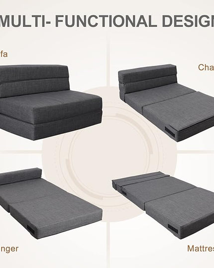 Queen Size Folding Sofa Couch Memory Foam with 2 Pillows Sleeper Chair Lazy Couch Triple Futon Convertible Guest Beds, Washable Cover,Dark Gray - LeafyLoom