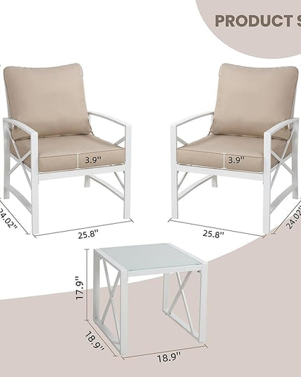 Shintenchi 3 Piece White Metal Outdoor Furniture Sectional Set, Modern Outdoor Metal Chair Conversation Furniture Set with Coffee Table for Patio,Backyard,Balcony (Khaki) - LeafyLoom