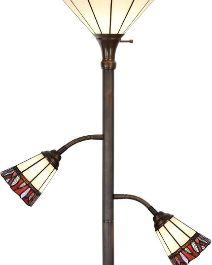 Bieye L10838 Fire Flame Tiffany Style Stained Glass Torchiere Floor Lamp with Sidelights for Reading, 70-inches Tall (Flame, Red) - LeafyLoom