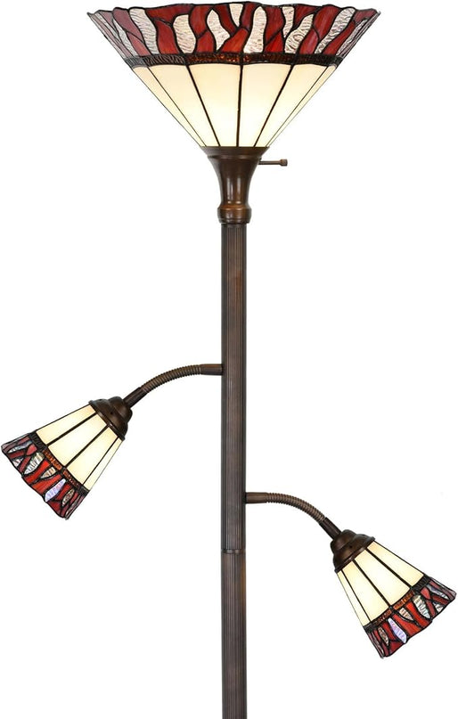 Bieye L10838 Fire Flame Tiffany Style Stained Glass Torchiere Floor Lamp with Sidelights for Reading, 70-inches Tall (Flame, Red) - LeafyLoom