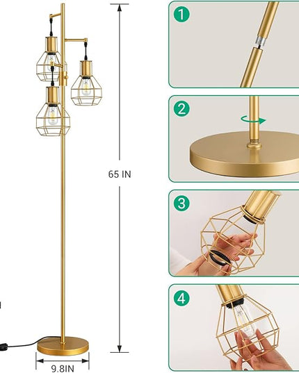 EDISHINE Industrial Dimmable Floor Lamp Gold, Farmhouse Standing Lamp for Living Room with 3 LED Edison Bulbs, Modern Tall Standing Corner Lamp with Metal Diamond Cage for Bedroom, Office - LeafyLoom