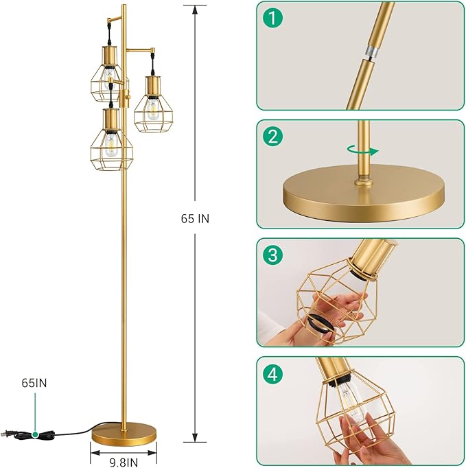 EDISHINE Industrial Dimmable Floor Lamp Gold, Farmhouse Standing Lamp for Living Room with 3 LED Edison Bulbs, Modern Tall Standing Corner Lamp with Metal Diamond Cage for Bedroom, Office - LeafyLoom