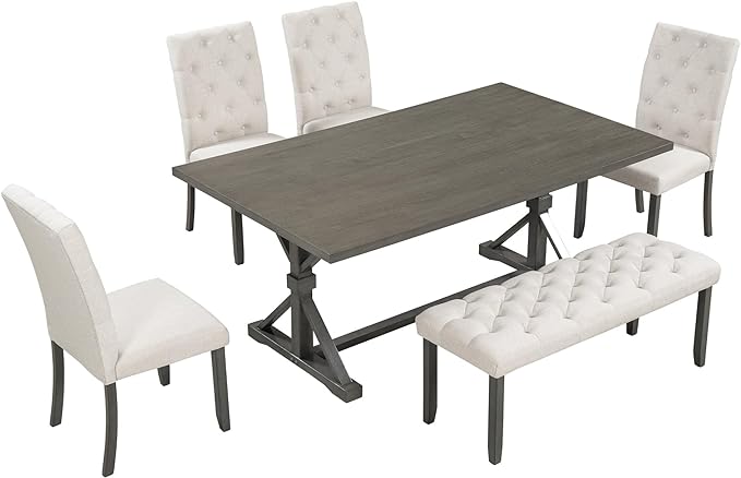 6-Piece Farmhouse Rectangular 72" Wood Dining Table Set with 4 Upholstered Chairs and a Bench, Easy to Assemble, for Kitchen, Home Bar & Living Room, Gray+Beige - LeafyLoom