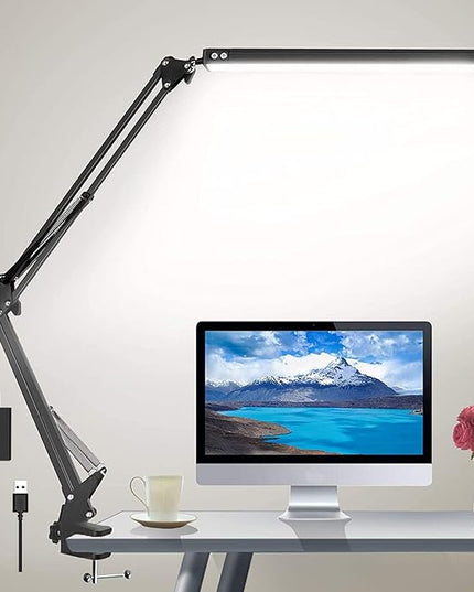LED Desk Lamp for Home,Office,Reading,Adjustable Eye-Caring Desk Light with Clamp,Swing Arm Lamp Includes 3 Color Modes,10 Brightness Levels Table Lamps with Memory Function - LeafyLoom