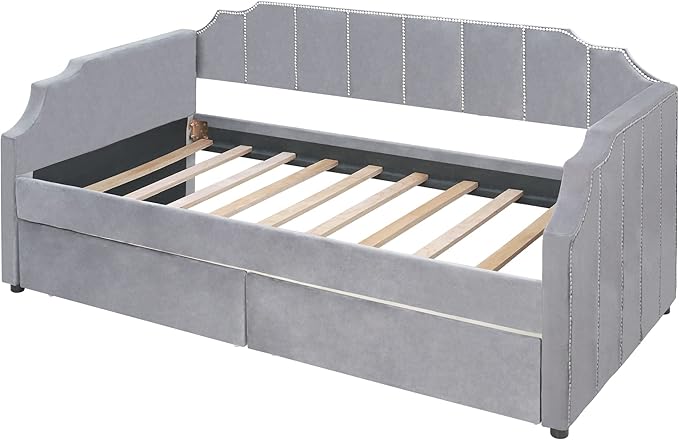 Twin Size Velvet Upholstered Daybed with Drawers, Solid Wood Sofa Bed w/Vertical Stripes Designed Backrest and Pine Legs, for Living Room, Bedroom, Dorm, No Box Spring Needed, Gray - LeafyLoom