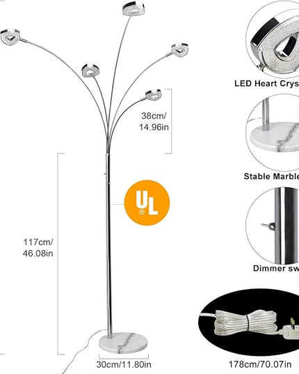 DINGLILIGHTING DLLT 5 Head Arc Floor Lamps for Living Room, Spider Lamps with 5 Adjustable Arms, Modern Tree Standing Lamp for Bedroom, Office, 3 Brightness Level, Warm White, Sliver - LeafyLoom