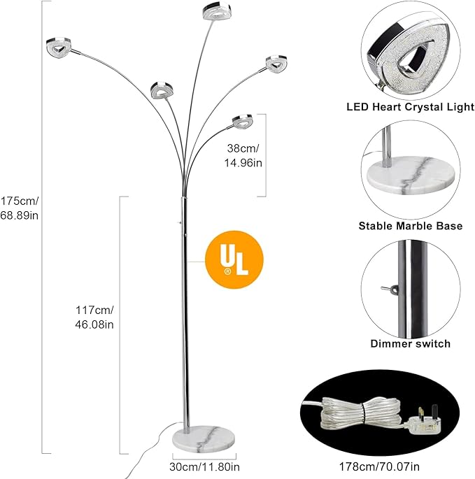 DINGLILIGHTING DLLT 5 Head Arc Floor Lamps for Living Room, Spider Lamps with 5 Adjustable Arms, Modern Tree Standing Lamp for Bedroom, Office, 3 Brightness Level, Warm White, Sliver - LeafyLoom