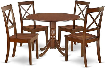 East West Furniture DLBO5-MAH-W 5-Piece Dining Table Set - 4 Dining Room Chairs with Wooden Seat - A Lovely Kitchen Table with Two 9-inch Drop leaves (Mahogany Finish) - LeafyLoom