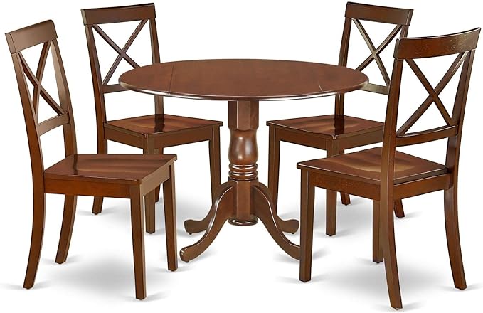 East West Furniture DLBO5-MAH-W 5-Piece Dining Table Set - 4 Dining Room Chairs with Wooden Seat - A Lovely Kitchen Table with Two 9-inch Drop leaves (Mahogany Finish) - LeafyLoom
