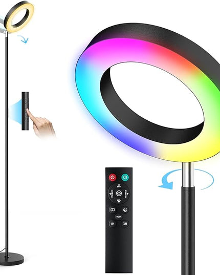 Dual-Sided RGBCW Floor Lamp, 42W 2800LM Bright Dimmable LED Standing Lamp with Remote Control, 350° Rotatable Head, Modern Color Changing Tall Lamps for Living Room Bedroom Studio Office Gaming Garage - LeafyLoom