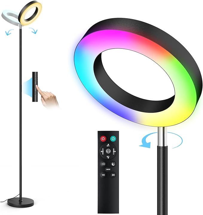 Dual-Sided RGBCW Floor Lamp, 42W 2800LM Bright Dimmable LED Standing Lamp with Remote Control, 350° Rotatable Head, Modern Color Changing Tall Lamps for Living Room Bedroom Studio Office Gaming Garage - LeafyLoom