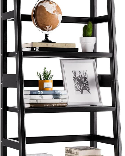 Black Bookshelf, 4-Tier Ladder Shelf, Freestanding Leaning Bookcase with Bamboo Shelves, Space Saving Flower Plant Stand for Small Space - LeafyLoom