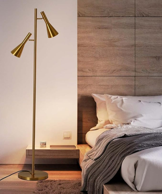 Modern Floor Lamp with 2 Adjustable Head Tall Pole Lamp Stand Up Lamp for Living Room, Bedroom, Office Tree Floor Lamps, Rotating Swivel Corner reading lamps,Gold Floor Lamp(Bulbs Not Included) - LeafyLoom