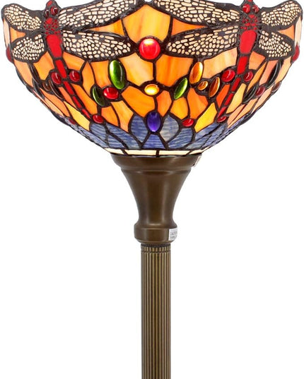 WERFACTORY Tiffany Floor Lamp Orange Blue Stained Glass Dragonfly Light 12X12X66 Inches Torchiere Standing Corner Torch Uplight Decor Bedroom Living Room Home Office S168 Series - LeafyLoom