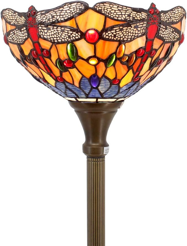 WERFACTORY Tiffany Floor Lamp Orange Blue Stained Glass Dragonfly Light 12X12X66 Inches Torchiere Standing Corner Torch Uplight Decor Bedroom Living Room Home Office S168 Series - LeafyLoom