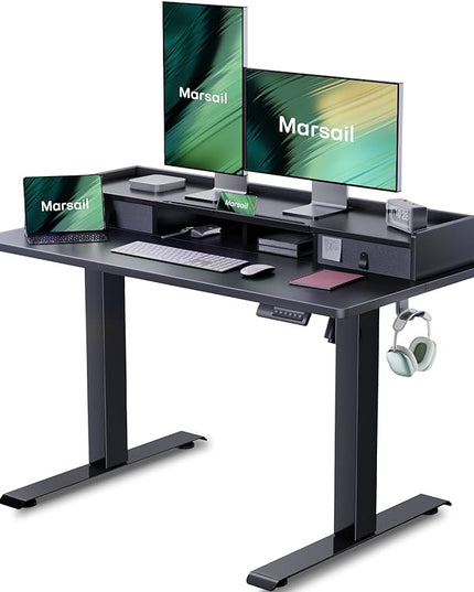 Marsail Electric Standing Desk with Double Drawers, 55x24 Inches Height Adjustable Desk with Storage Shelf,Sit Stand Desk with 4 Memory Preset,2 Hooks, Stand Up Desk for Home Office,Black - LeafyLoom