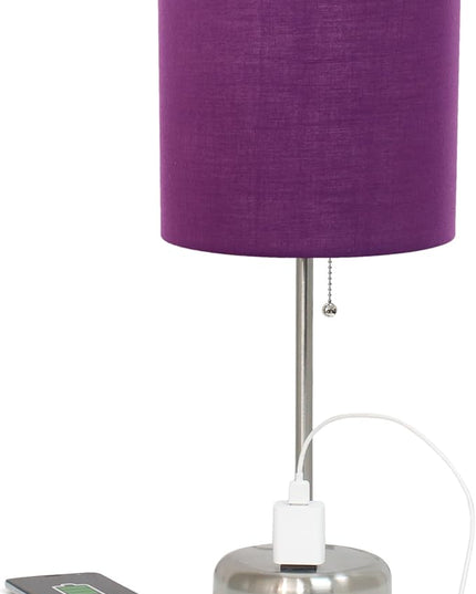 Simple Designs LT1144-PRP Sleek and Slender Brushed Steel Table Lamp with Charging Outlet, for Bedroom, Living Room, Entryway, Office, Dining Room, Study, Purple Shade - LeafyLoom