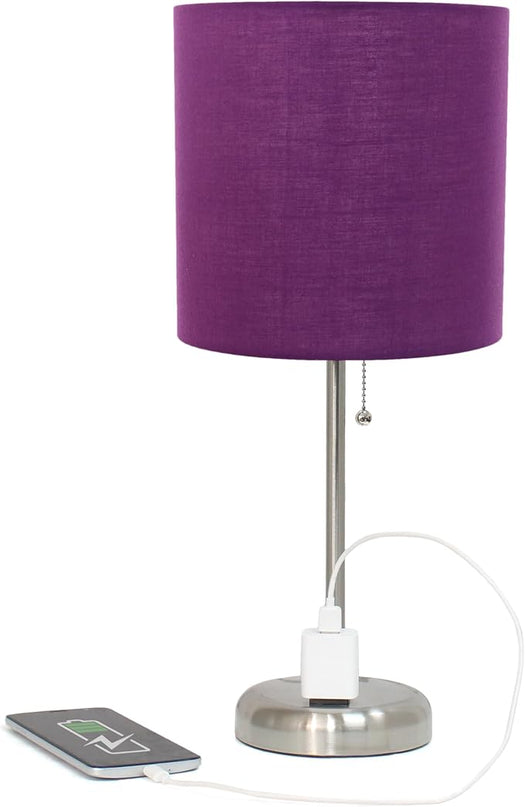 Simple Designs LT1144-PRP Sleek and Slender Brushed Steel Table Lamp with Charging Outlet, for Bedroom, Living Room, Entryway, Office, Dining Room, Study, Purple Shade - LeafyLoom