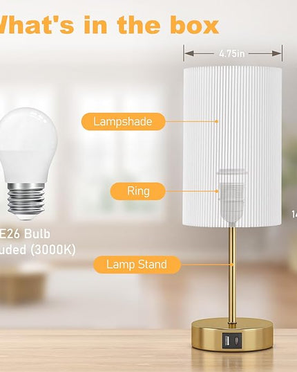 AKASUKI Table Lamp for Bedroom, 3 Way Dimmable Touch Lamp with Dual Charging Station, Small Bedside Lamps for Night Stands, Living Room, Office(LED Bulb Included) - LeafyLoom