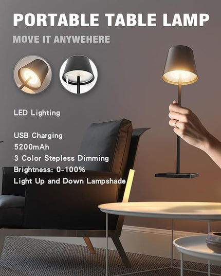 2 Pack Cordless Table lamp, 5200mAh Battery Operated Lamp,3 Color Stepless Dimming Desk Lamp,IP54 Waterproof Outdoor Table Lamps for Restaurant/Bedroom/Bars/Camping/Cafe Night Light (Black-2) - LeafyLoom