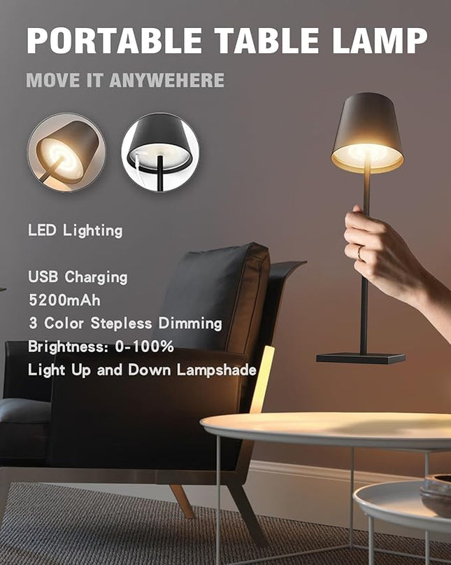 2 Pack Cordless Table lamp, 5200mAh Battery Operated Lamp,3 Color Stepless Dimming Desk Lamp,IP54 Waterproof Outdoor Table Lamps for Restaurant/Bedroom/Bars/Camping/Cafe Night Light (Black-2) - LeafyLoom