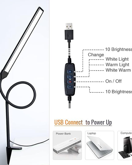 LED Desk Lamp with Clamp, Clamp Light, Tall Desk Lamp with Long Gooseneck, 11W, 850 LMS, 3 Color Modes, 10 Brightness Levels, Eye-Caring, Clip on Desk Light for Reading, Home, Office - LeafyLoom