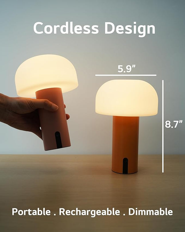 Outdoor Mushroom Table Lamp Rechargeable, Cordless Lamps for Patio Waterproof, Portable Battery Operated Lamp with USB Charging, Touch Dimming Night Light for Home/Porch/Restaurant (Pink) - LeafyLoom