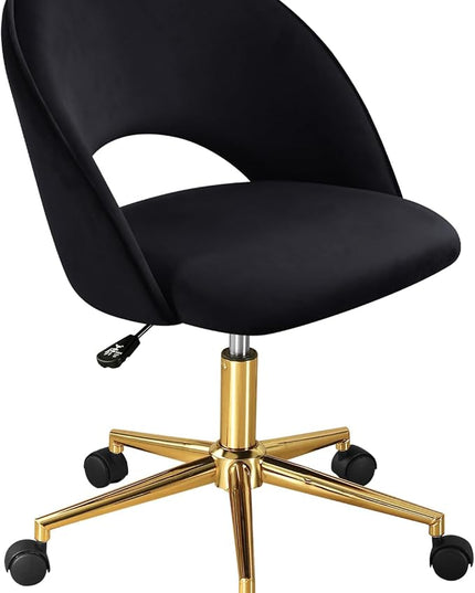 Furniliving Velvet Home Office Chair, Height Adjustable Swivel Vanity Chair with Wheels, Upholstered Desk Task Makeup Chair Computer Chair with Gold Metal Base Stool Chairs (Black) - LeafyLoom