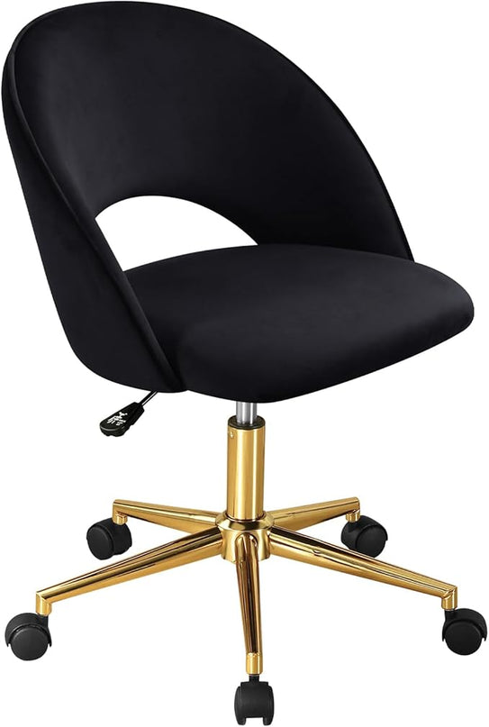 Furniliving Velvet Home Office Chair, Height Adjustable Swivel Vanity Chair with Wheels, Upholstered Desk Task Makeup Chair Computer Chair with Gold Metal Base Stool Chairs (Black) - LeafyLoom