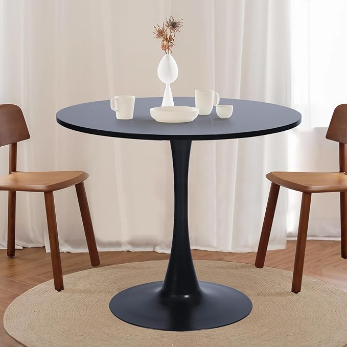 FurnitureR 31.5" Mid-Century Round Dining Table for 2-4 People with Pedestal Base for Home Office Living Room Kitchen Leisure, 31.5 inches, Black - LeafyLoom
