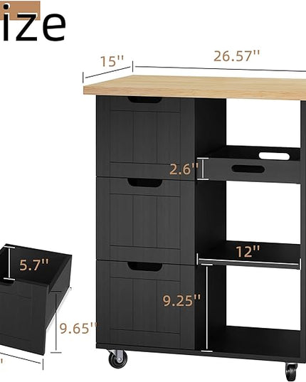 Shintenchi Kitchen Island Cart with Storage,Rolling Kitchen Island Storage Cabinet,Side Table on Wheels with Worktop,3 Open Shelves and 3 Drawers for Kitchen,Dinning Room, Black - LeafyLoom