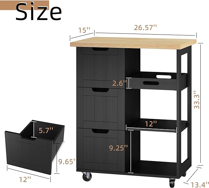 Shintenchi Kitchen Island Cart with Storage,Rolling Kitchen Island Storage Cabinet,Side Table on Wheels with Worktop,3 Open Shelves and 3 Drawers for Kitchen,Dinning Room, Black - LeafyLoom